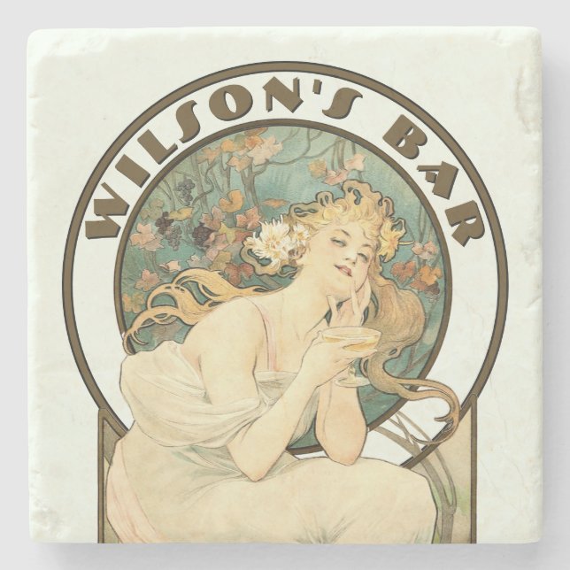 Victorian Era Art Nouveau by Mucha Pub or Bar Stone Coaster (Front)