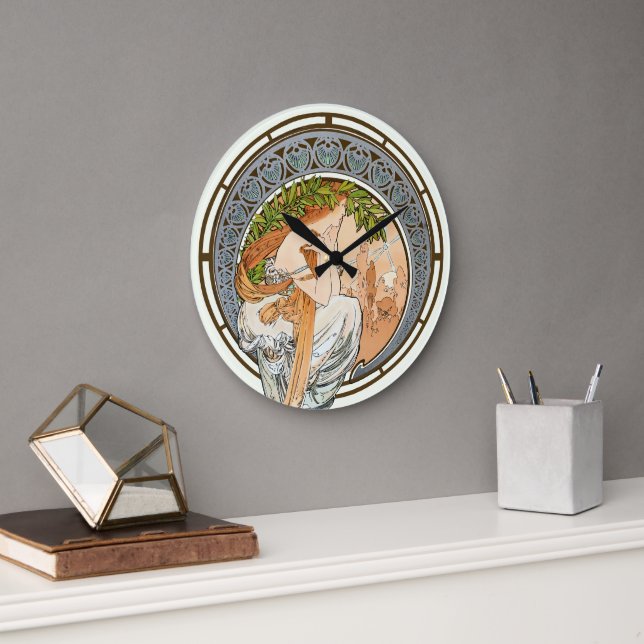 Victorian Era Art Nouveau Sunset by Alfons Mucha  Large Clock (Office)