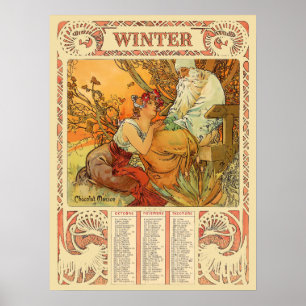 Victorian Era Art Nouveau Winter Calendar by Mucha Poster
