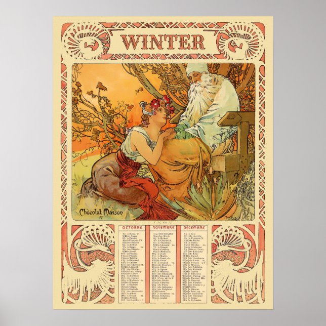 Victorian Era Art Nouveau Winter Calendar by Mucha Poster (Front)