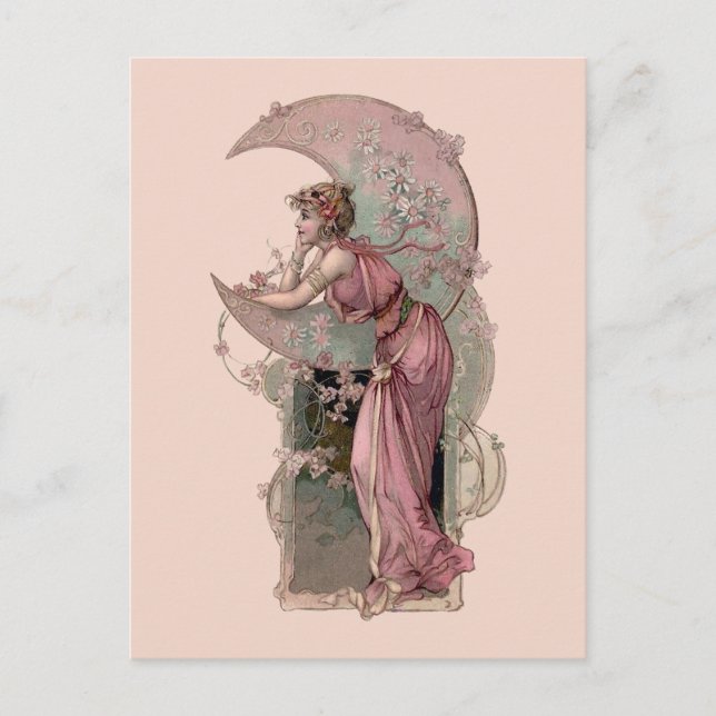 Victorian Era Art Nouveau Woman & Crescent Moon Postcard (Front)