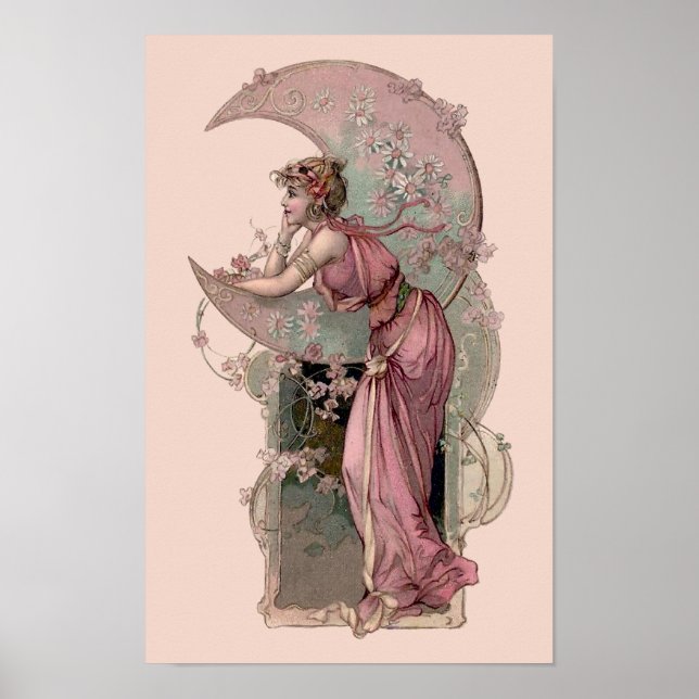 Victorian Era Art Nouveau Woman & Crescent Moon Poster (Front)