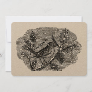 Victorian Era Bird on Holly Berry Branch in Snow Holiday Card