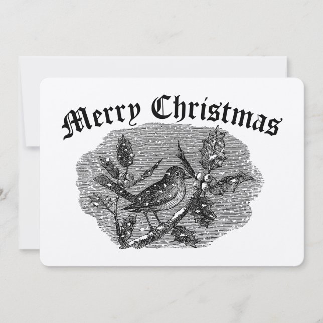 Victorian Era Bird on Holly in Snow Christmas Holiday Card (Front)