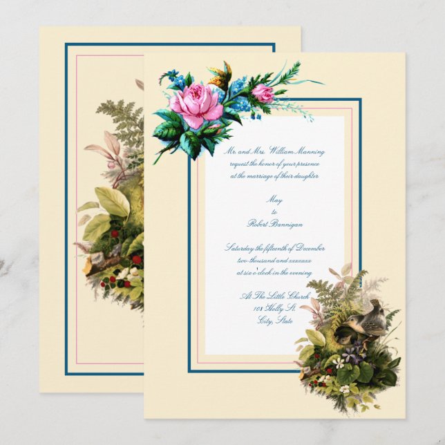 Victorian Era Birds In Nest With Flowers Wedding Invitation (Front/Back)