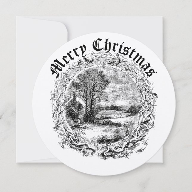 Victorian Era Christmas Winter Scene In Wreath Holiday Card (Front)