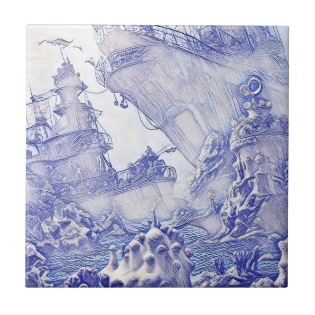 Victorian Era Fantasy Sea Tiles Blue and White 5 (Front)