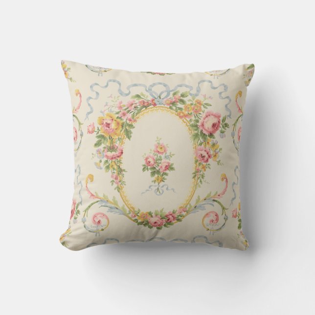 Victorian Era Floral Medallion & Blue Ribbon Cushion (Front)