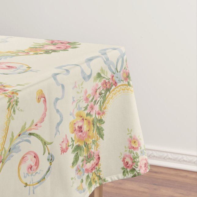 Victorian Era Floral Medallion & Blue Ribbon Tablecloth (In Situ)