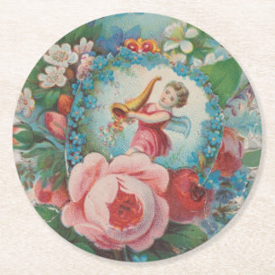 Victorian Era Floral Valentine's Card, Roses, 1879 Round Paper Coaster