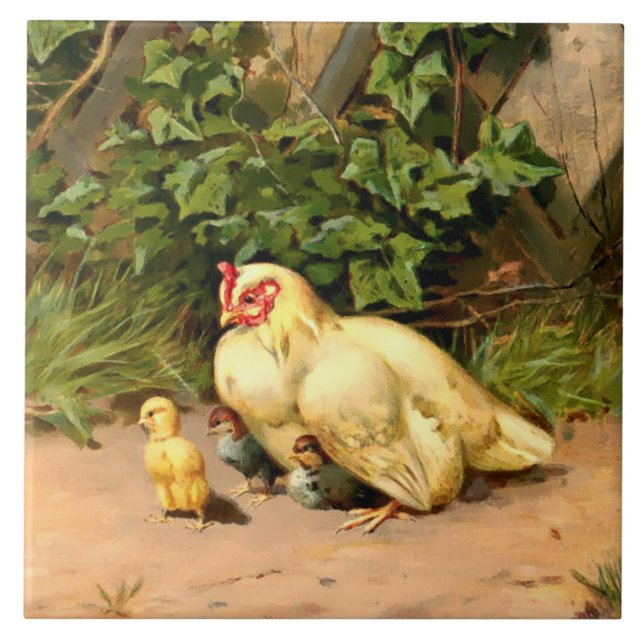 Victorian Era Hen & Baby Chickens By L. Prang Tile (Front)
