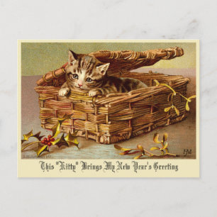 Victorian Era Kitten with Holly "New Year's" Postcard