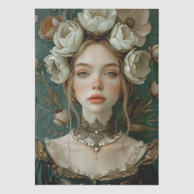 Victorian Era Lady Floral Headdress Decoupage Tissue Paper (Front)