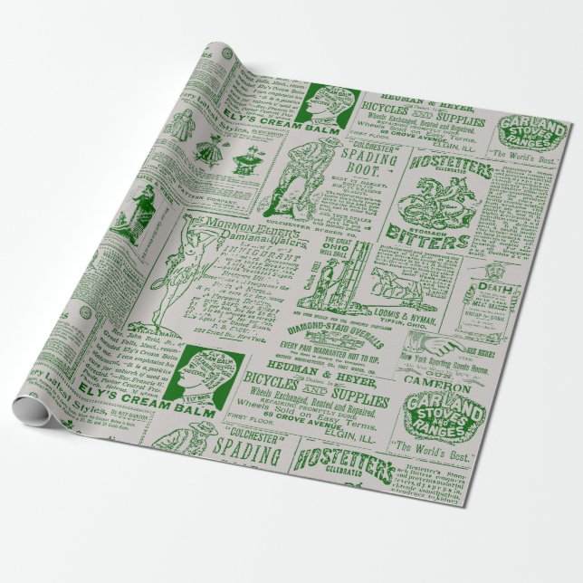Victorian Era Newspaper Advertising Green Print Wrapping Paper (Unrolled)