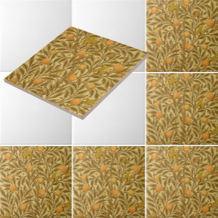 Victorian Era Orange Fruit Blossoms Birds Pattern Tile