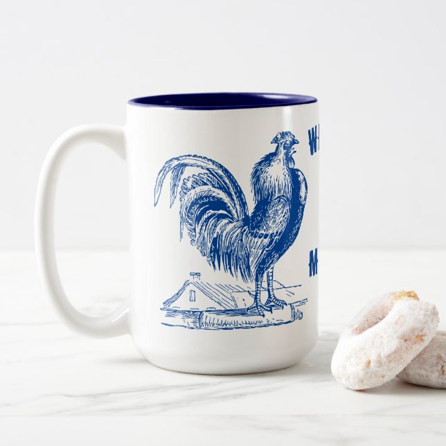 Victorian Era Rooster & Farmhouse Two-Tone Coffee Mug (With Donut)