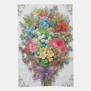 Victorian Era Valentine's Card, Floral Bouquet Tea Towel