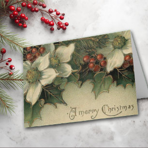 Victorian Era White Poinsettia Christmas Card