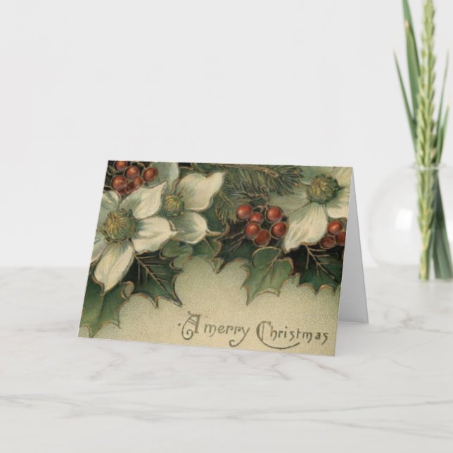 Victorian Era White Poinsettia Christmas Card (Front)
