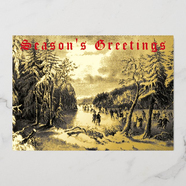 Victorian Era Winter Skaters by Currier & Ives Foil Holiday Card (Front)