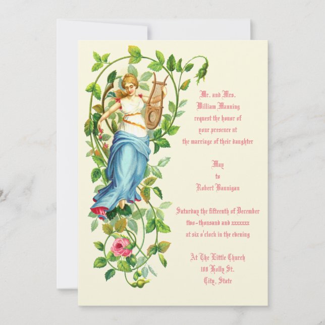 Victorian Era Woman & Harp With Roses Wedding Invitation (Front)