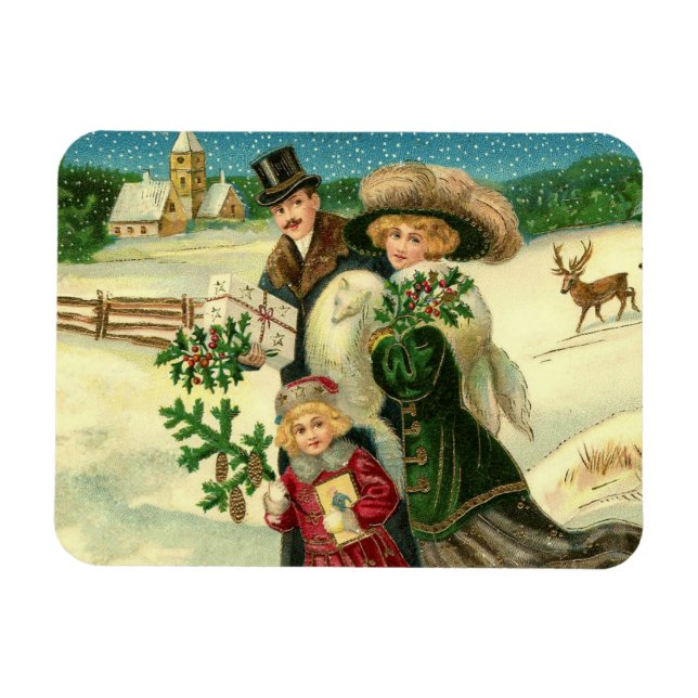 Victorian family in the snow Christmas scene Magnet (Horizontal)