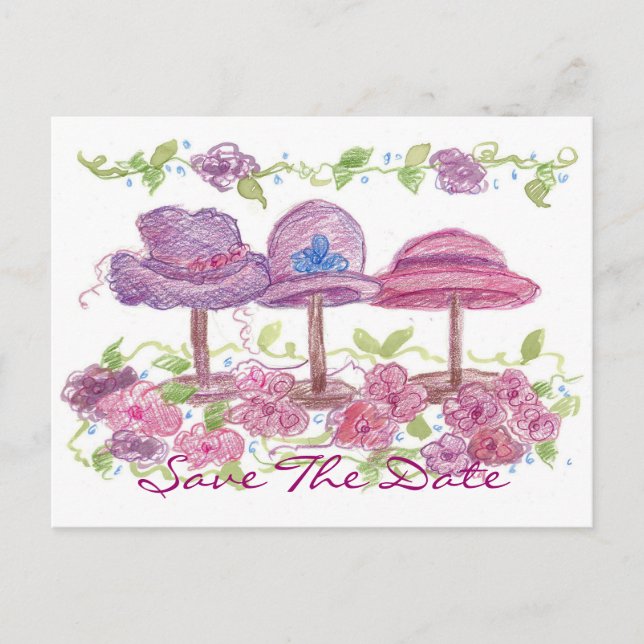 Victorian Fancy Hats Save The Date Flower Drawing Announcement Postcard (Front)