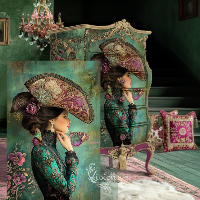 Victorian Fantasy Portrait Butterflies Baroque Tissue Paper (Victorian Hat Adorned Lady, Butterflies Baroque Fantasy Portrait Art Decoupage Paper)