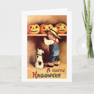Victorian Farmer Boy And Dog Halloween Card