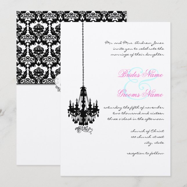 Victorian Farmhouse Chandelier Damask Wedding Invitation (Front/Back)