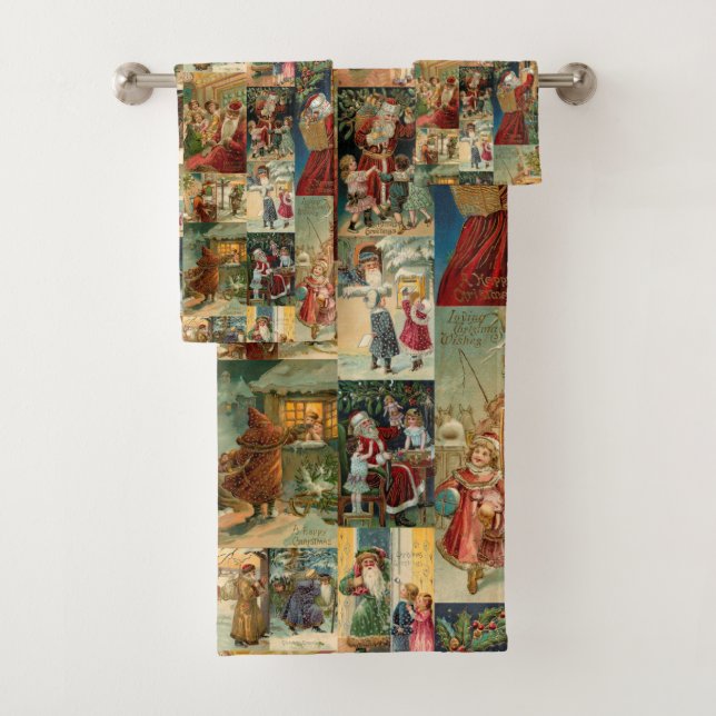 Victorian Father Christmas with Children Collage Bath Towel Set (Insitu)