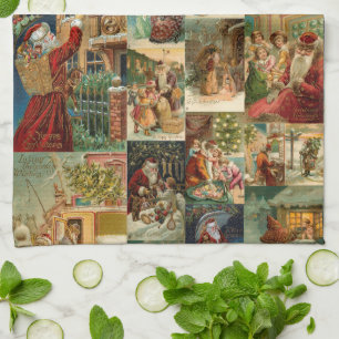 Victorian Father Christmas with Children Collage Tea Towel