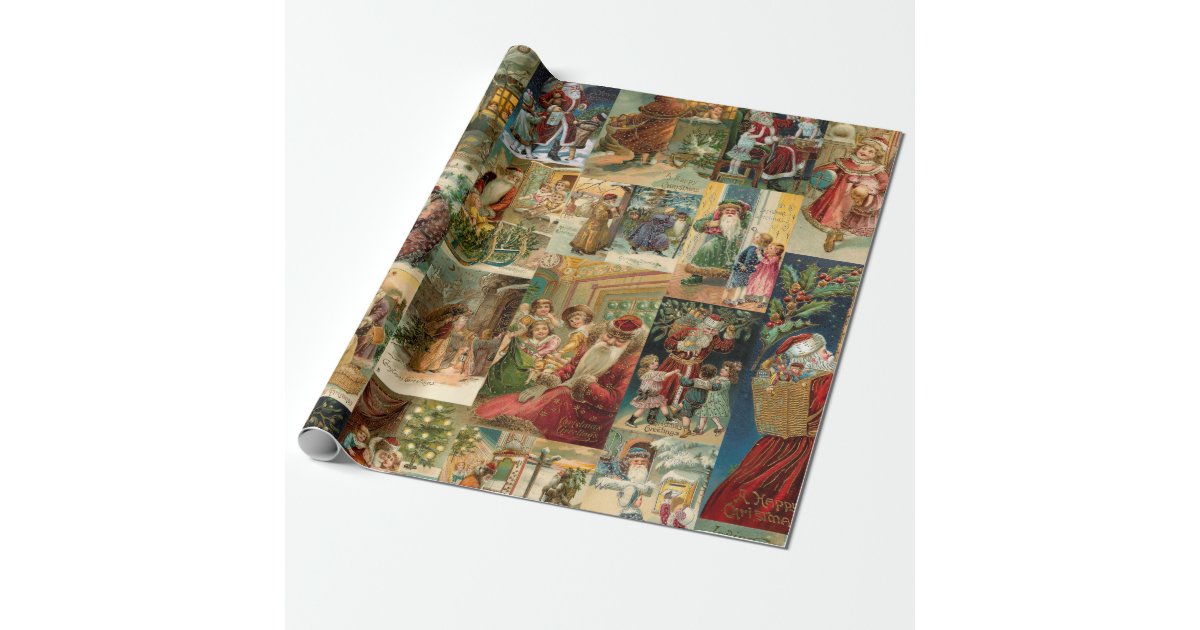 Victorian Father Christmas with Children Collage Wrapping Paper | Zazzle