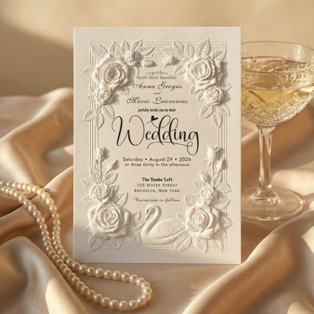 Victorian Faux Embossed Swan & Rose Wedding Invitation (Creator Uploaded)