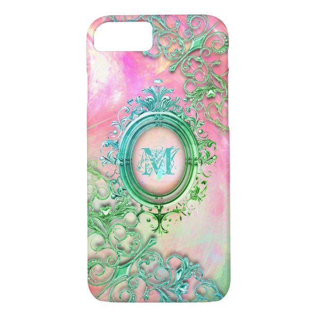 Victorian filigree opal look gemstone pink teal Case-Mate iPhone case (Back)