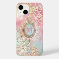 Victorian filigree opal look pink teal gold