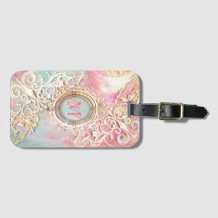Victorian filigree opal look pink teal gold luggage tag