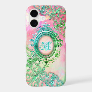 Victorian filigree opal look pink, teal green
