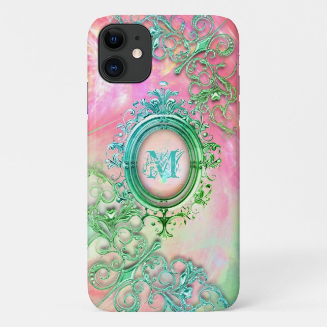 Victorian filigree opal look pink, teal green Case-Mate iPhone case (Back)