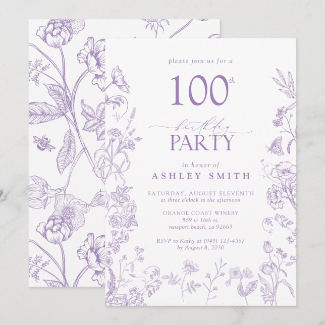 Victorian Floral 100th Birthday Party Lavender Invitation (Front/Back)