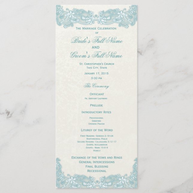 Victorian Floral Aqua Lace Wedding Program Programme (Front)