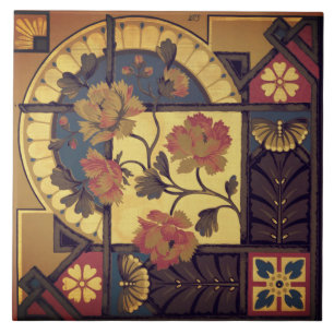 Victorian floral arts and craft blue brown red tile
