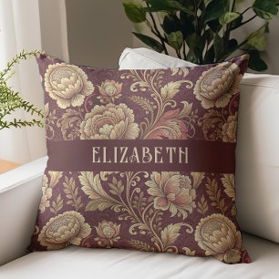 Victorian Floral Chintz Monogram Name Burgundy Cushion