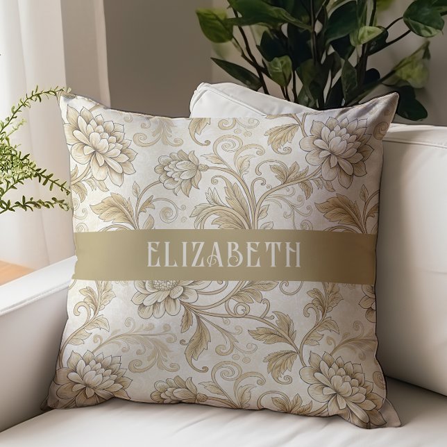 Victorian Floral Chintz Monogram Name Ivory Gold Cushion (Creator Uploaded)