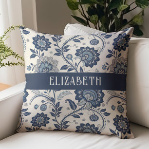 Victorian Floral Chintz Monogram Name Navy Blue Cushion
