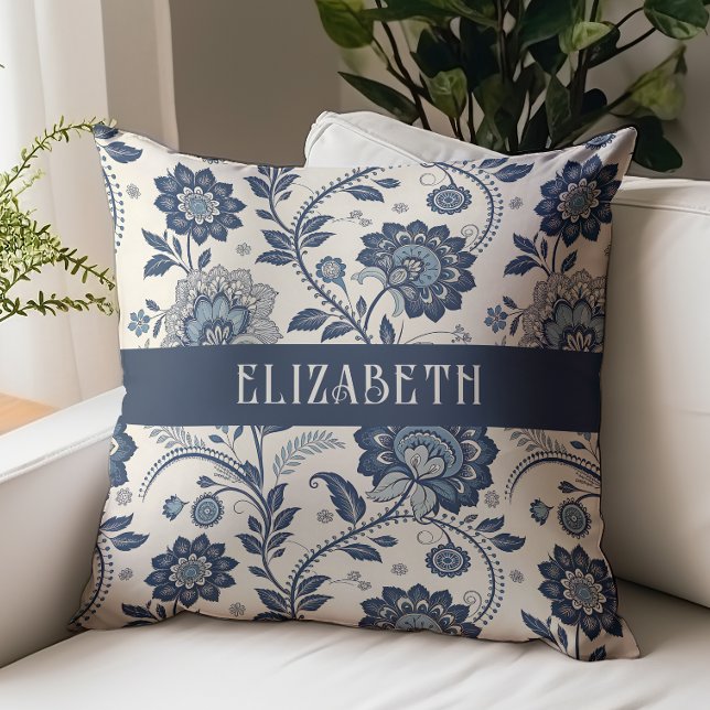 Victorian Floral Chintz Monogram Name Navy Blue Cushion (Creator Uploaded)