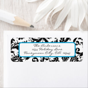 Victorian Floral Damask Swirl Bright Aqua & Black