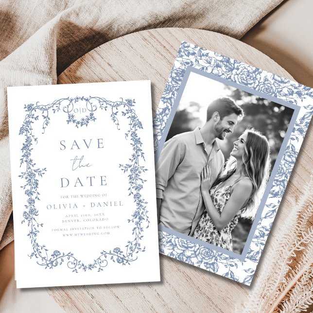 Victorian Floral Dusty Blue Photo French Wedding  Save The Date (Creator Uploaded)