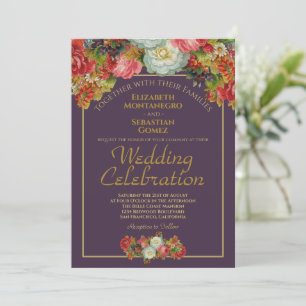 Victorian Floral Elegant Plum & Gold Wedding Invitation