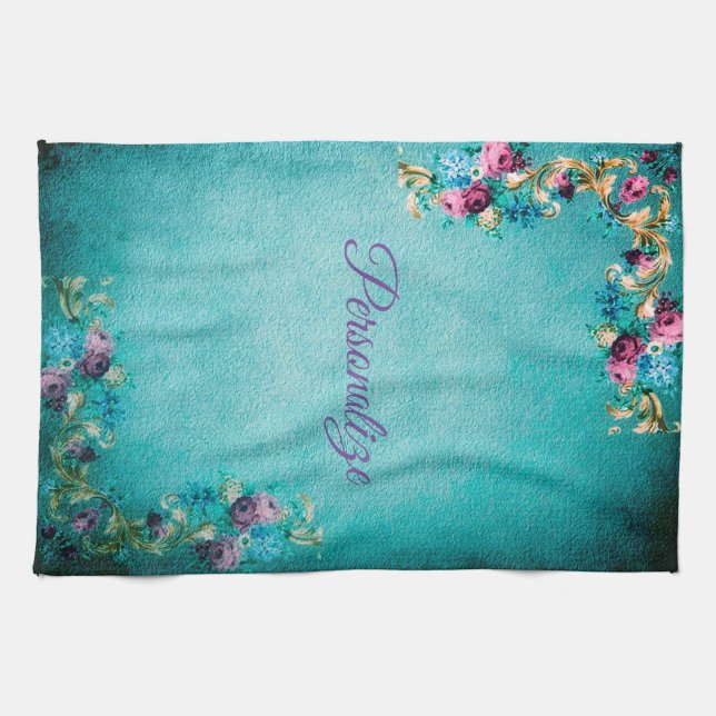 Victorian floral  elegant scroll teal purple pink tea towel (Horizontal)